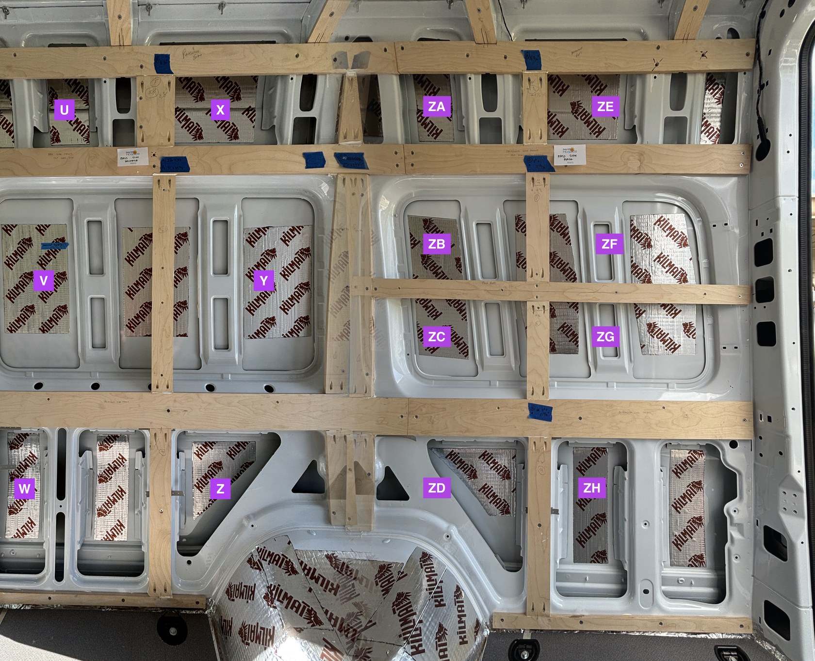 Passenger-side van wall, stitched panorama, with each cavity labeled with its wire-pull letter code from U through ZH.